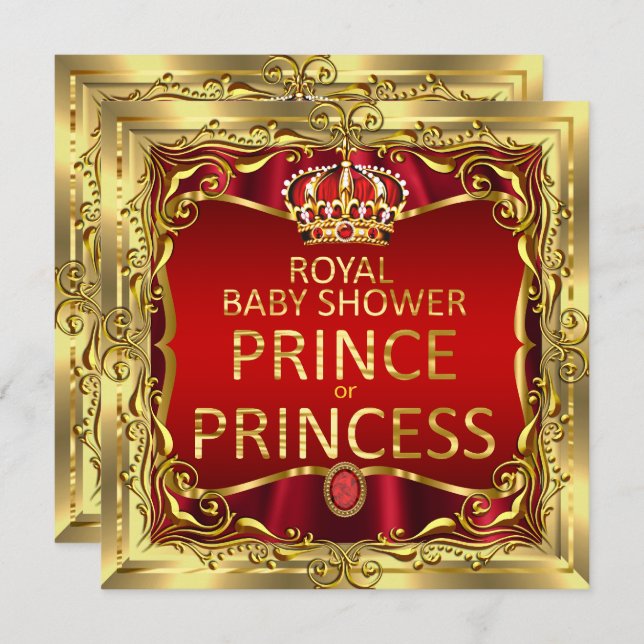 Prince eller Princess Baby Shower Red Guld Inbjudningar (Fram/baksida)