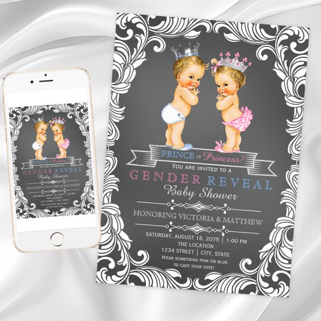 Prince eller Princess Chalk Gender Reveal Inbjudningar (Prince or Princess gender reveal invitations. Instant download and printed invitations available. )