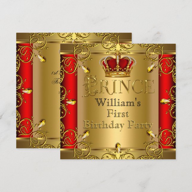 Prince First 1st Birthday Boy Red Guld Krona Inbjudningar (Fram/baksida)