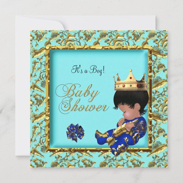Prince för Baby Shower Blue Guld Boy krona Inbjudningar (Framsida)