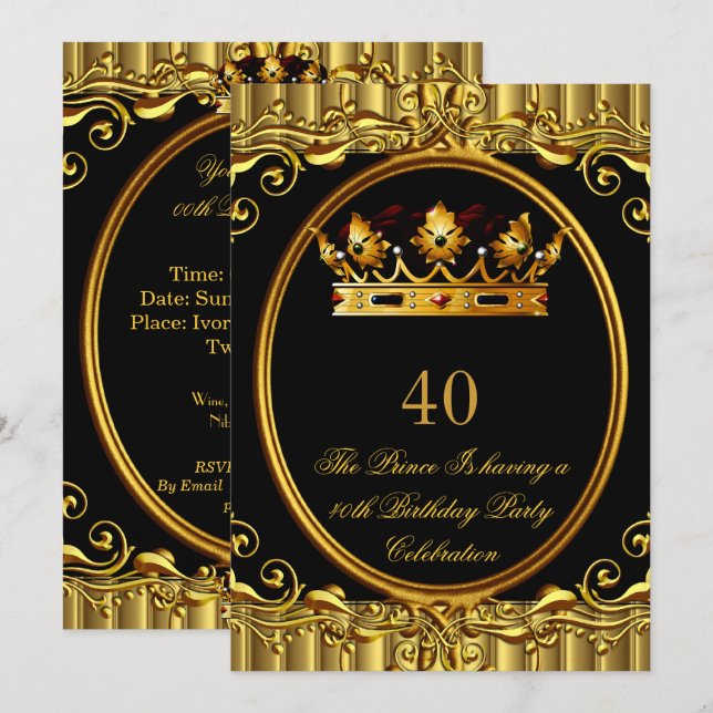 Prince Kung Guld Royal Black Krona Birthday 4a Inbjudningar (Fram/baksida)