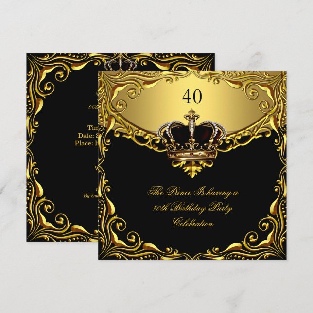 Prince Kung Guld Royal Black Krona födelsedag Inbjudningar (Fram/baksida)