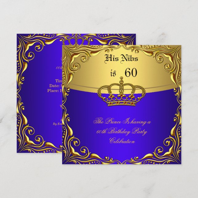 Prince Kung Red Guld Royal Blue Krona Birthday 60 Inbjudningar (Fram/baksida)