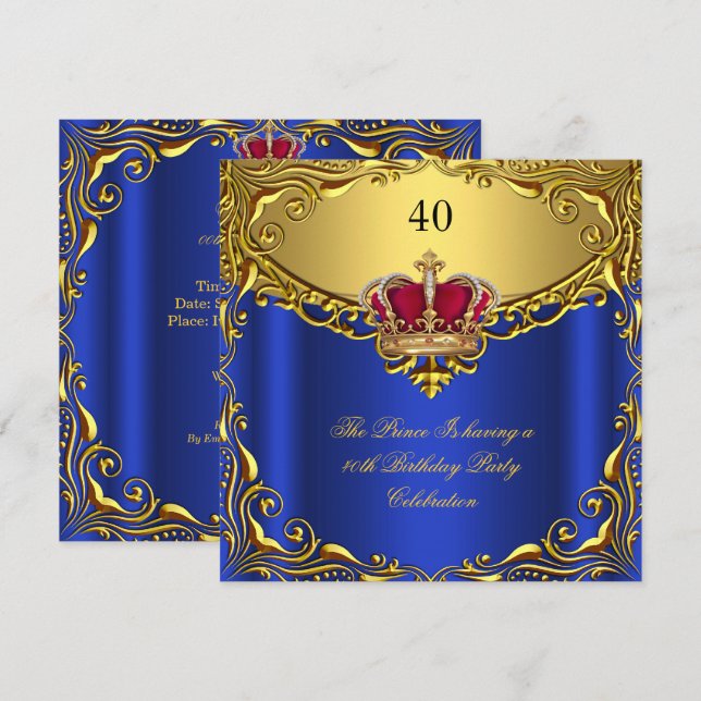Prince Kung Red Guld Royal Blue Krona Birthday Inbjudningar (Fram/baksida)