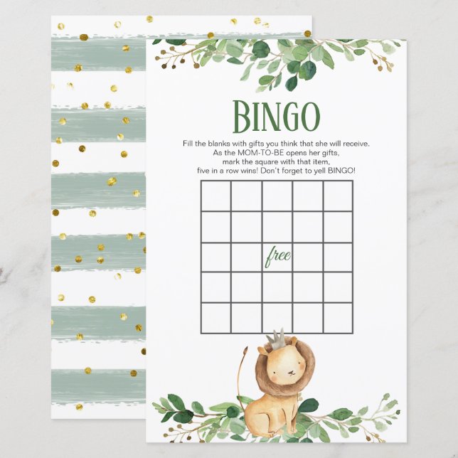 Prince Lejon Greenery Baby Shower Bingo Games (Fram/baksida)