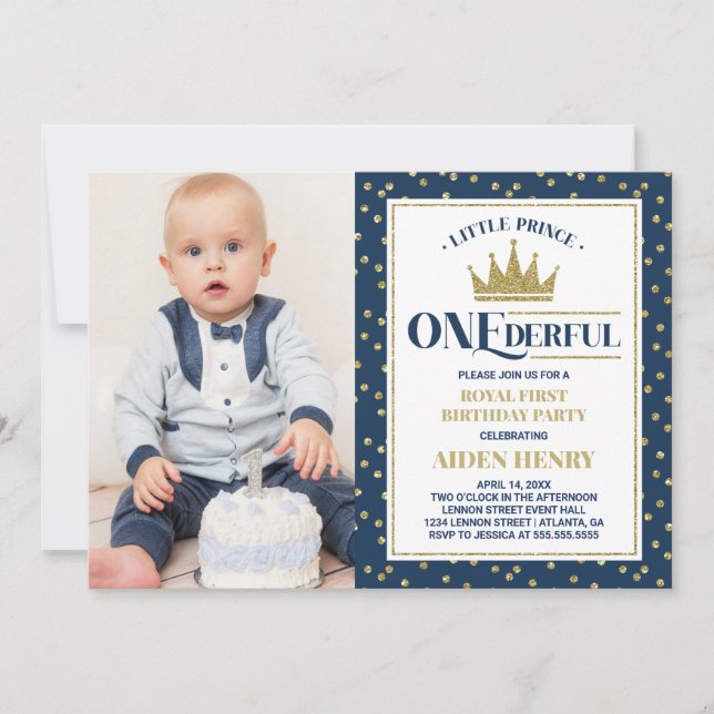Prince ONEderful First Birthday bjudande, Blue Inbjudningar (Framsida)