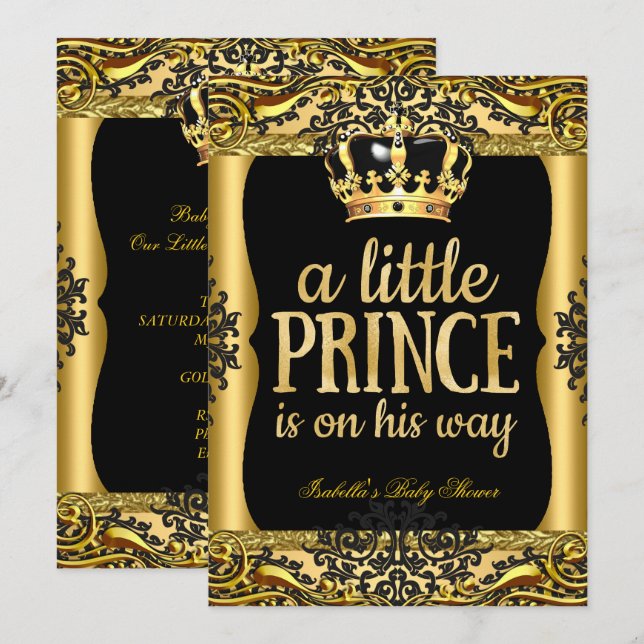 Prince på hans väg Baby Shower Guld Black 2 Inbjudningar (Fram/baksida)