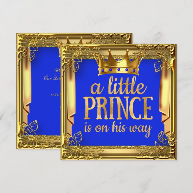 Prince på Way Baby Shower-Royalet Blue Guld Inbjudningar (Fram/baksida)