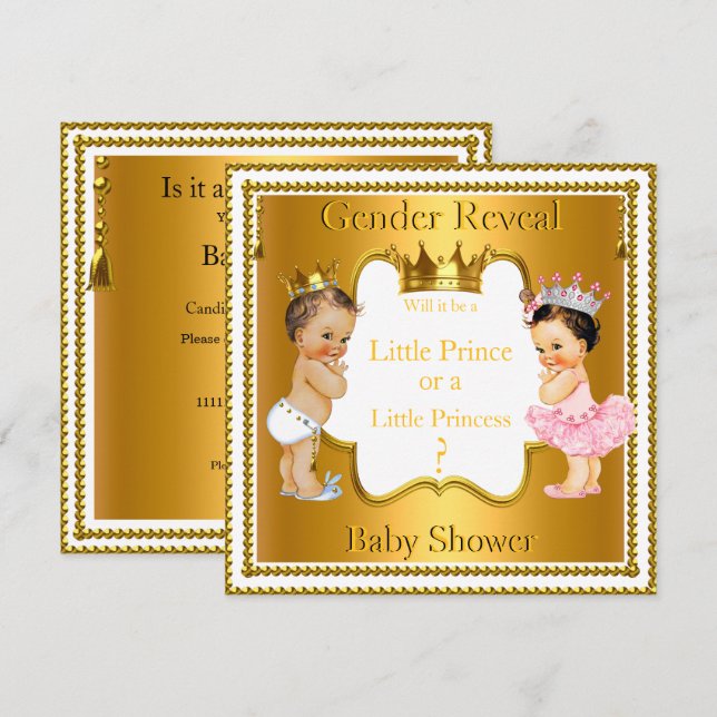 Prince Princess Gender Reveal Baby Shower Brunette Inbjudningar (Fram/baksida)