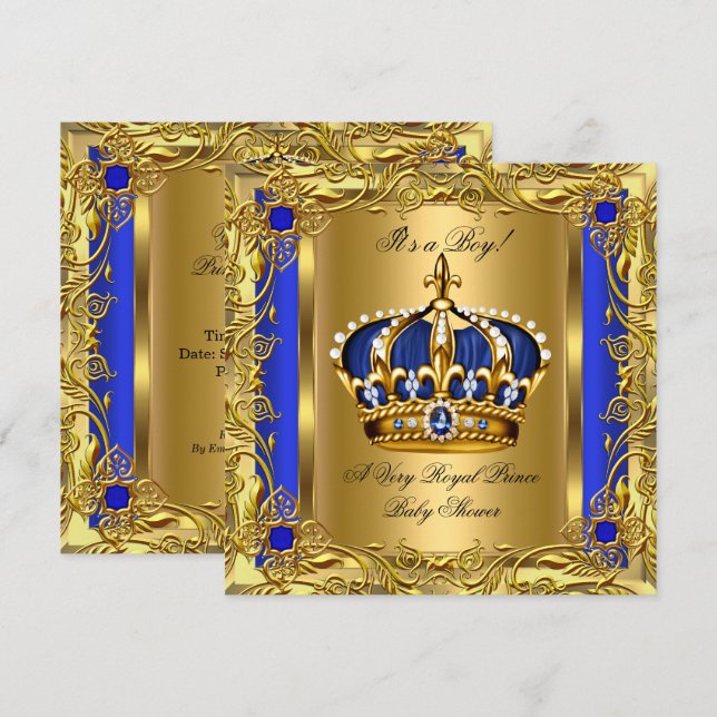 Prince Royal Blue Baby Shower Boy Regal Guld 2 Inbjudningar (Fram/baksida)