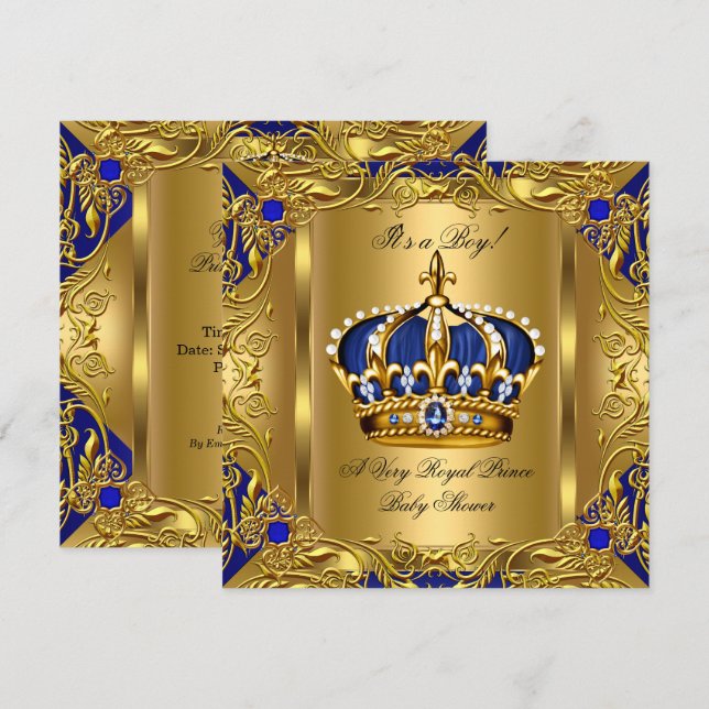 Prince Royal Blue Baby Shower Boy Regal Guld 3 Inbjudningar (Fram/baksida)