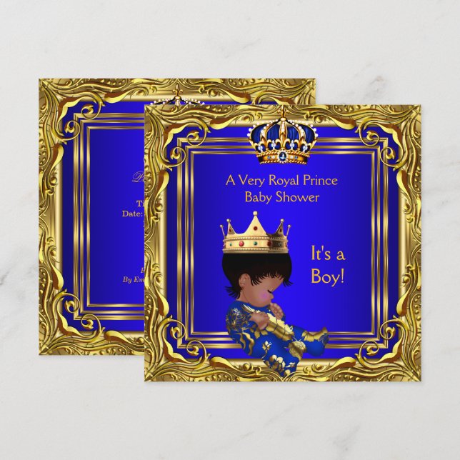 Prince Royal Blue Baby Shower Guld Boy Ethnic Inbjudningar (Fram/baksida)