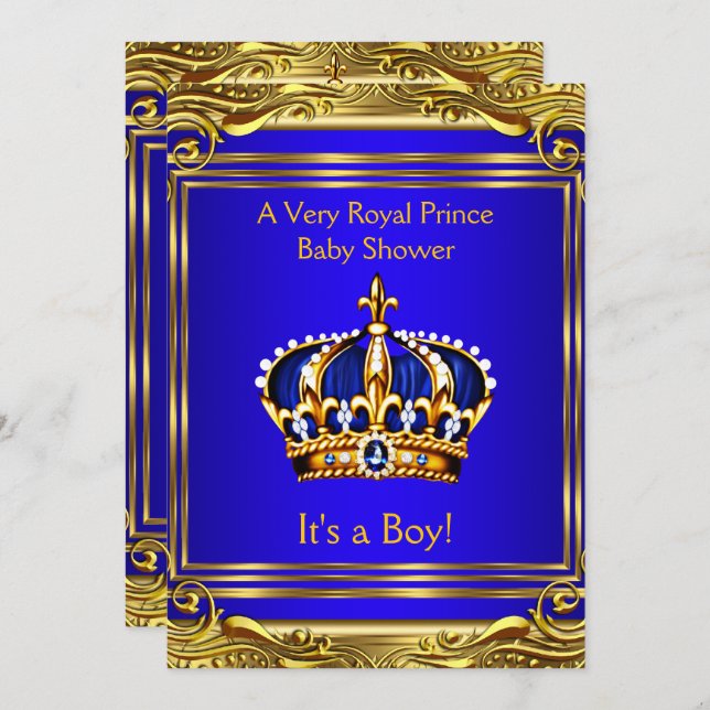 Prince Royal Blue Baby Shower Guld Boy Inbjudningar (Fram/baksida)