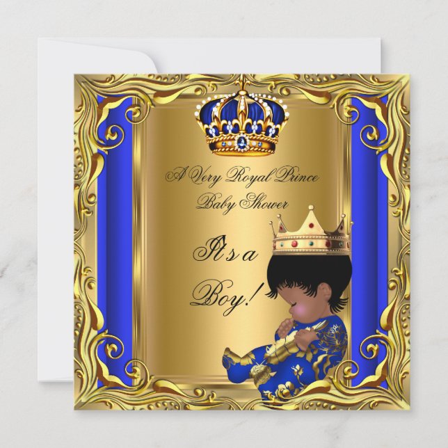 Prince Royal Blue Baby Shower Guld Ethnic Boy Inbjudningar (Framsida)