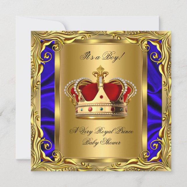 Prince Royal Blue Baby Shower Regal Red Guld Boy 4 Inbjudningar (Framsida)