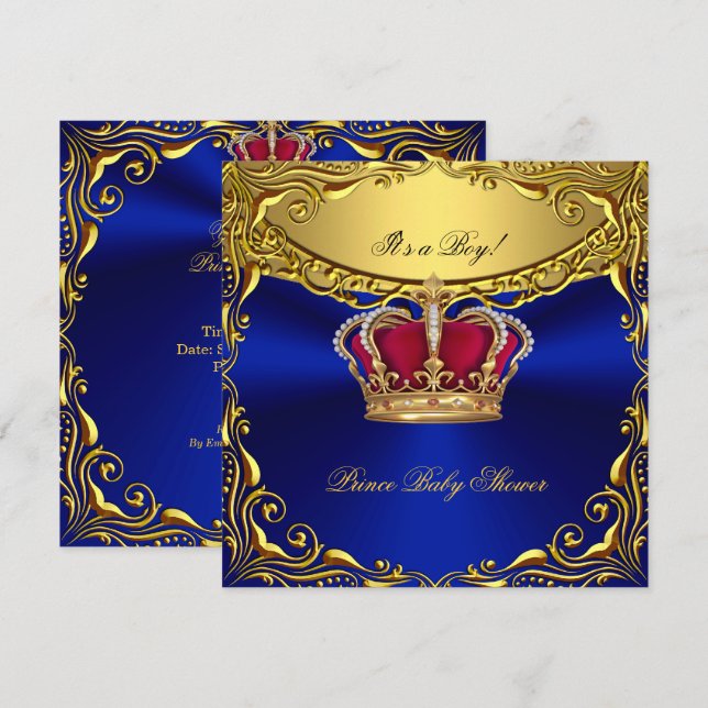 Prince Royal Blue Baby Shower Regal Red Guld Boy Inbjudningar (Fram/baksida)