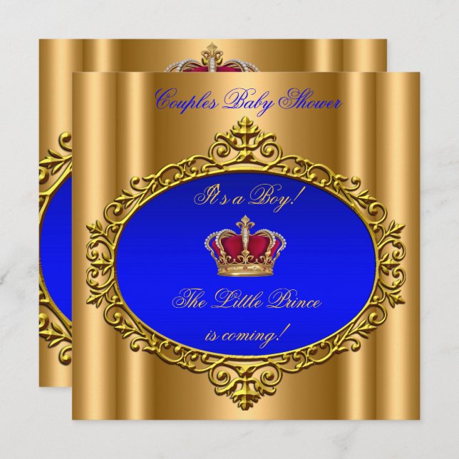 Prince Royal Blue Boy Baby Shower Krona Guld Inbjudningar (Fram/baksida)