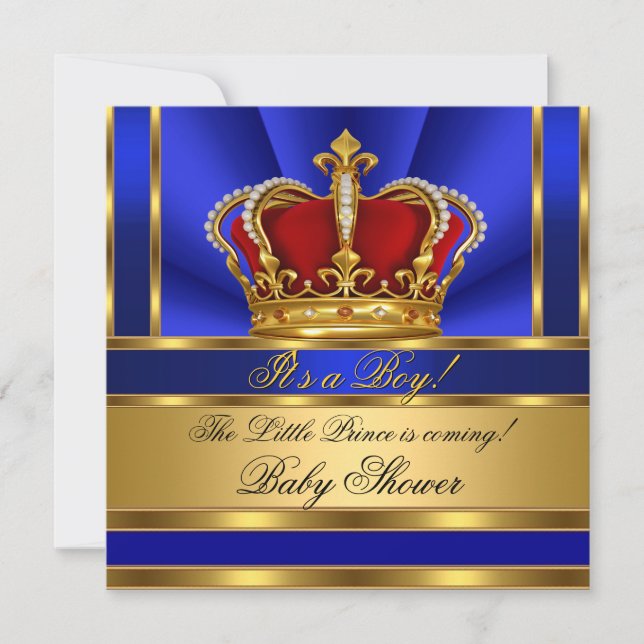 Prince Royal Blue Boy Baby Shower Red Guld Krona Inbjudningar (Framsida)