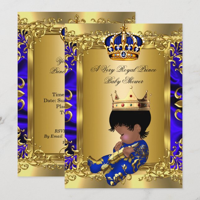 Prince Royal Blue Boy Baby Shower Regal Guld Inbjudningar (Fram/baksida)
