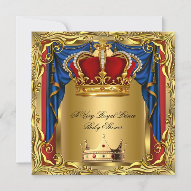 Prince Royal Blue Boy Shower Regal Red Guld 2 Inbjudningar (Framsida)