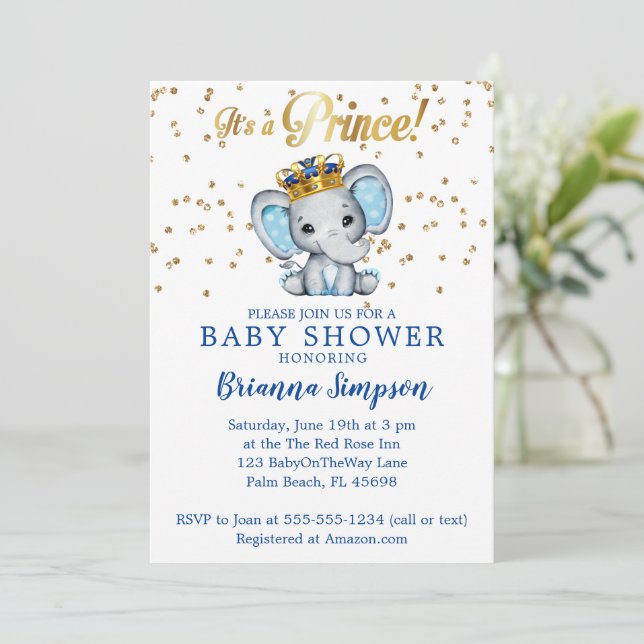 Prince Royal Blue Guld Elephant Boy Shower Inbjudningar (Stående Fram)