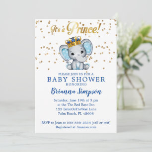Prince Royal Blue Guld Elephant Boy Shower Inbjudningar