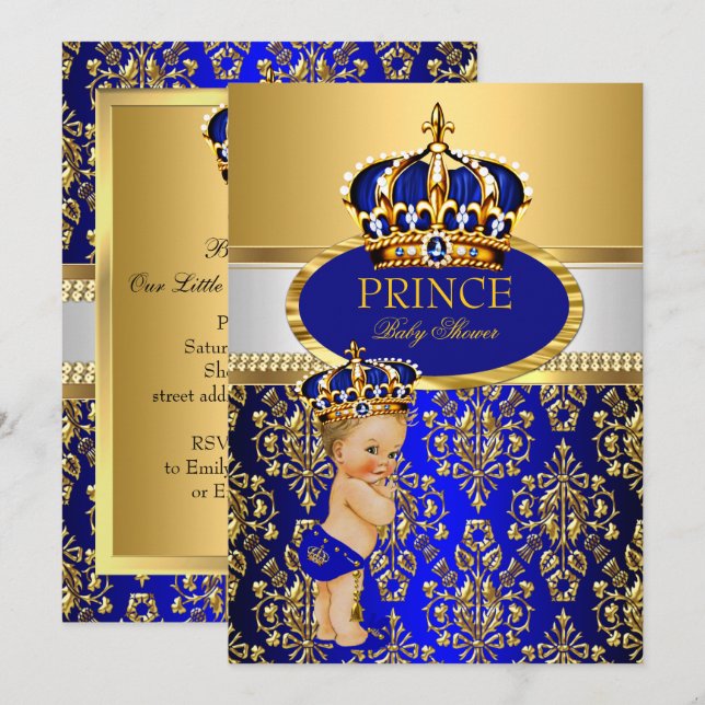 Prince Royal Blue Krona Baby Shower Blonde Boy Inbjudningar (Fram/baksida)