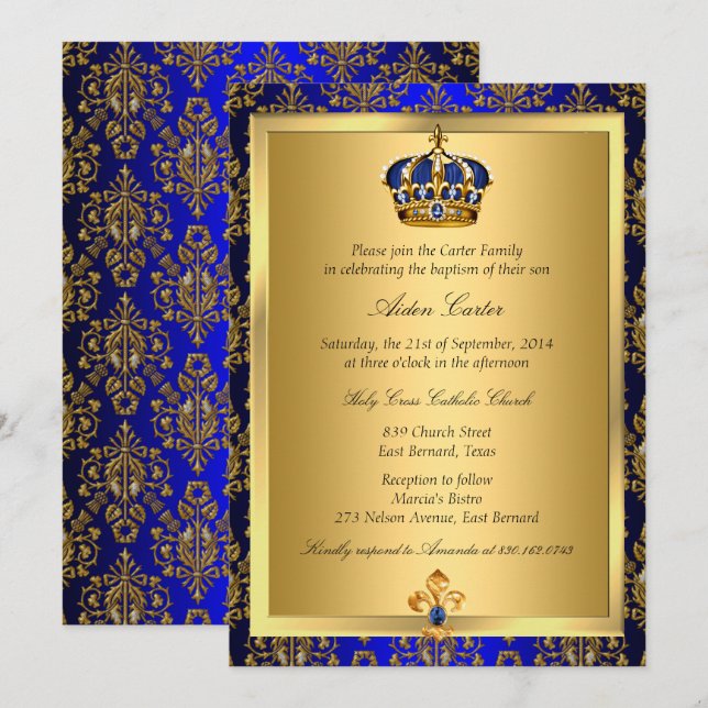 Prince Royal Blue Regal Krona Baptism Inbjudan (Fram/baksida)