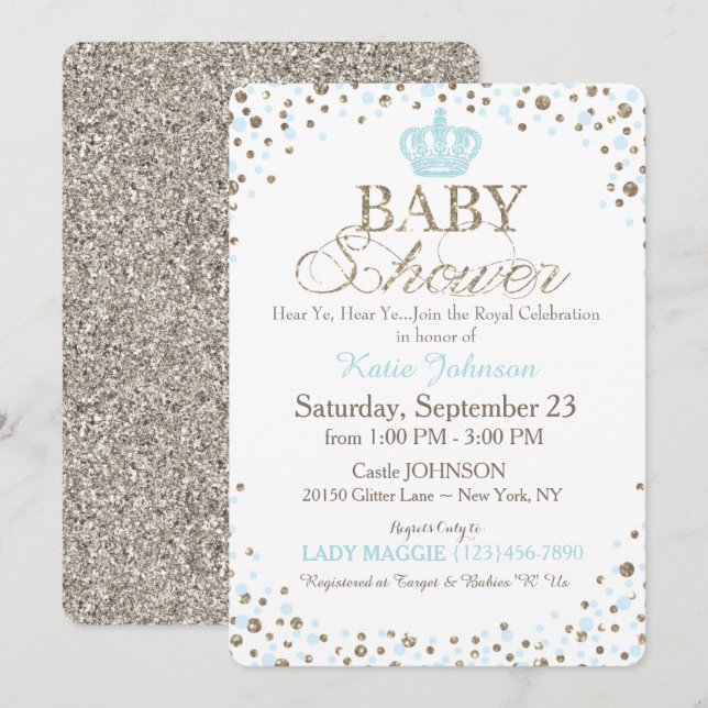 Prince Silver Glitter Sprinkle Baby Shower Inbjudningar (Fram/baksida)