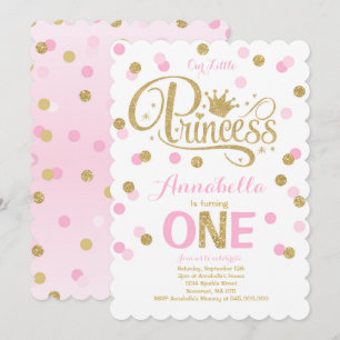 Princess 1:a födelsedagarinbjudan Rosa Guld Inbjud Inbjudningar