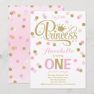 Princess 1:a födelsedagarinbjudan Rosa Guld Inbjud Inbjudningar