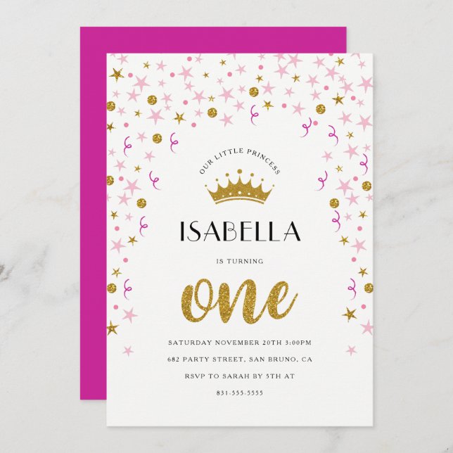Princess 1st Birthday | Guld & Rosa Confetti Inbjudningar (Fram/baksida)