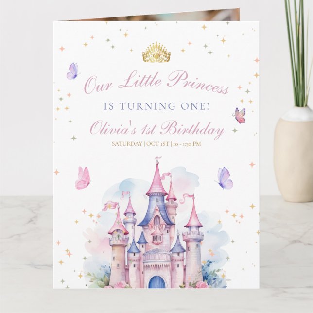 Princess 1st BIrthday Invite, Girl Princess Castle Tack Kort (Framsida)