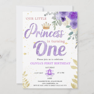 Princess 1St Birthday Krona Lilac Lila Inbjudningar