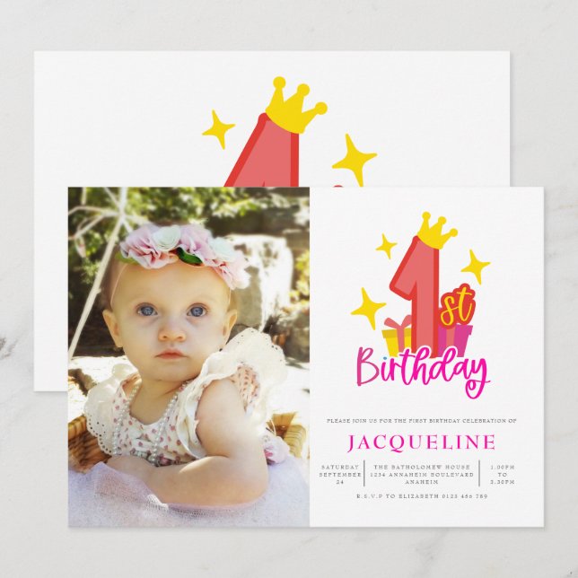 Princess 1st Birthday Party Inbjudningar (Fram/baksida)