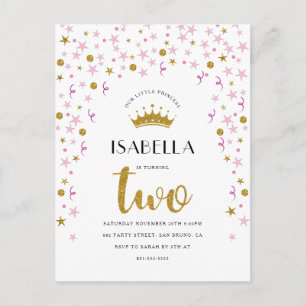 Princess 2:a födelsedagen Guld & Rosa Confetti Inbjudan Vykort