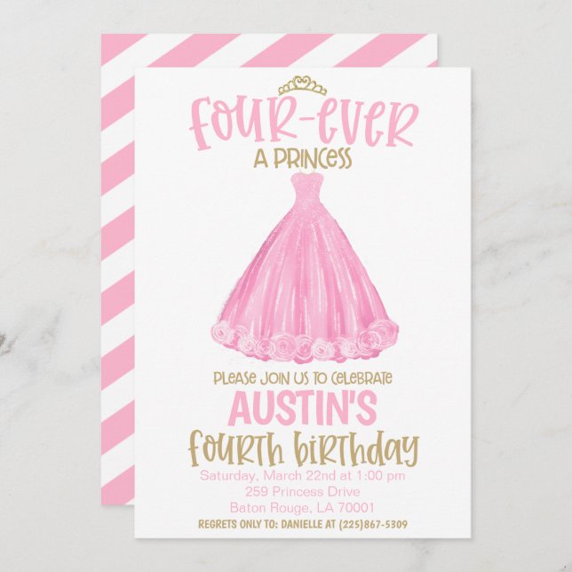 Princess 4th Birthday Party Invitation Inbjudningar (Fram/baksida)