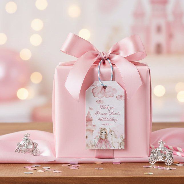 Princess 4th birthday Pink Castle Unicorn Party  Presentetikett (Skapare uppladdad)