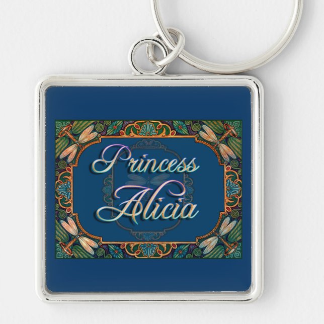 Princess Alicia Fyrkantig Silverfärgad Nyckelring (Framsidan)