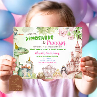 Princess and Dinosaur Boy Girl Joint Birthday Inbjudningar