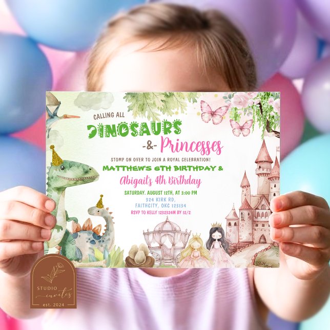 Princess and Dinosaur Boy Girl Joint Birthday Inbjudningar (Skapare uppladdad)