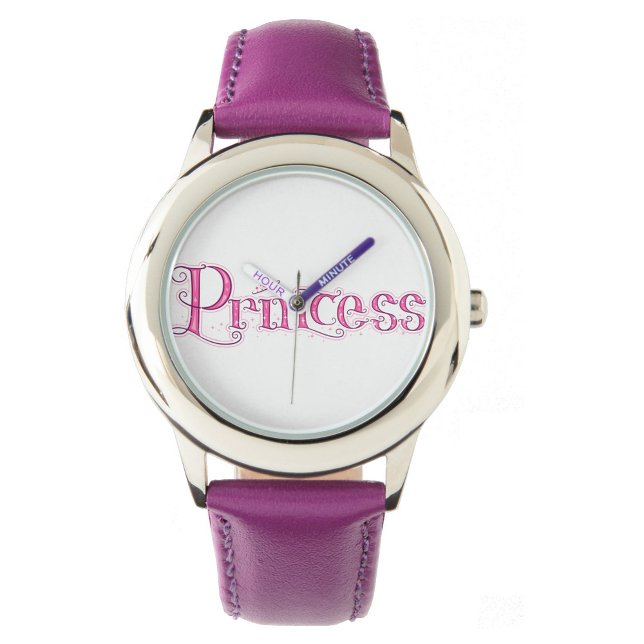 Princess Armbandsur (A wristwatch with a silver case and a purple leather band, with the word "Princess!)