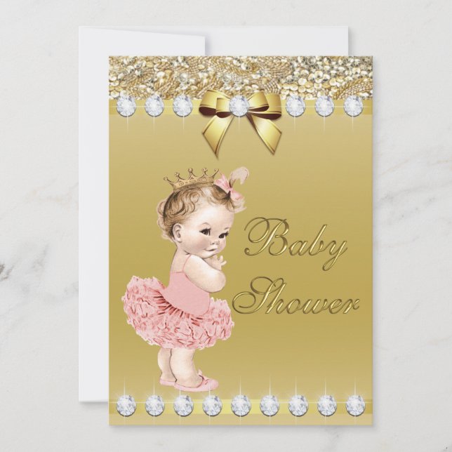 Princess Baby Guld Faux Diamonds och Sequins Inbjudningar (Framsida)