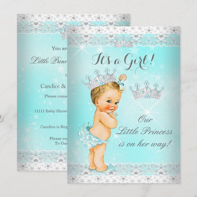 Princess Baby Shower Aqua Snöre Tiara Blonde Baby Inbjudningar (Fram/baksida)
