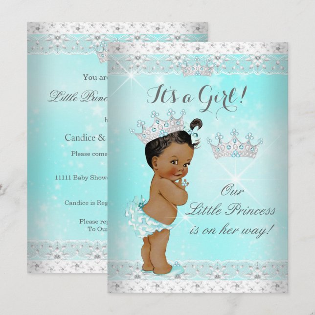 Princess Baby Shower Aqua Snöre Tiara Ethnic Inbjudningar (Fram/baksida)