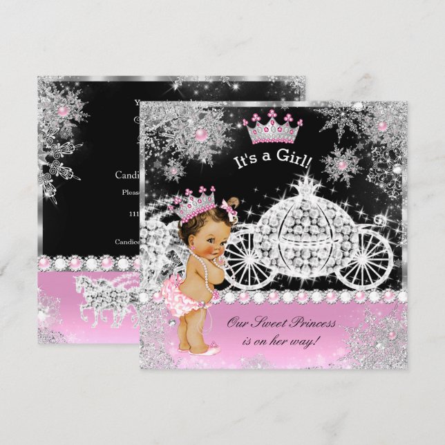 Princess Baby Shower Carriage Rosa Black Brunette Inbjudningar (Fram/baksida)