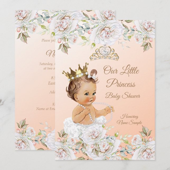 Princess Baby Shower Coral Peach White Inbjudningar (Fram/baksida)