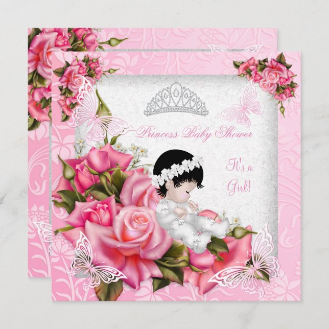 Princess Baby Shower Girl Butterfly Rosa ros Inbjudningar (Fram/baksida)