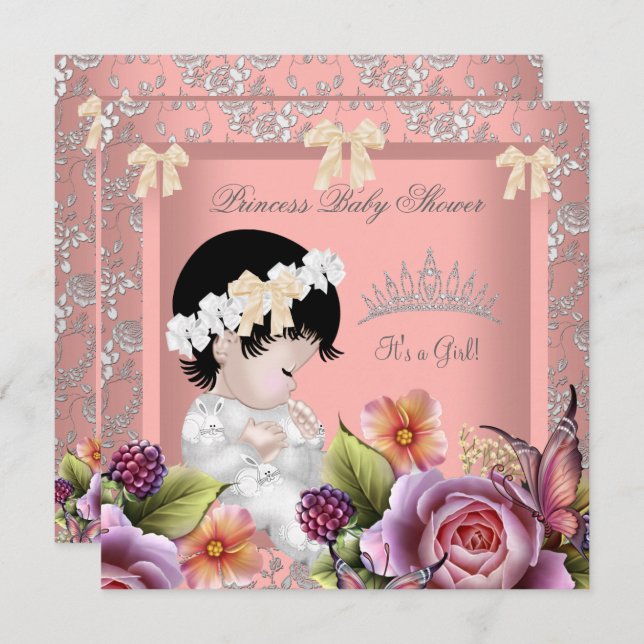 Princess Baby Shower Girl Coral Rosa ros Tiara Inbjudningar (Fram/baksida)