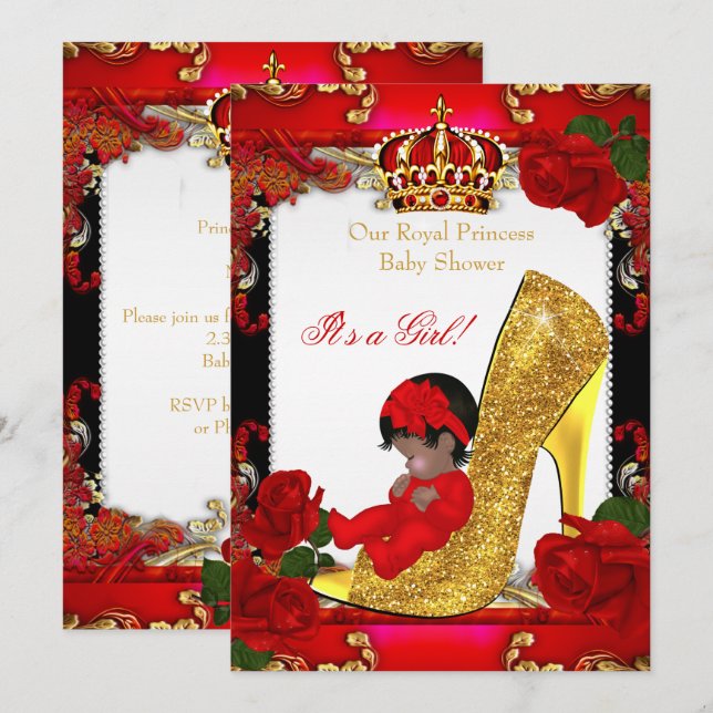 Princess Baby Shower Girl Guld Röd ros Ethnic Inbjudningar (Fram/baksida)